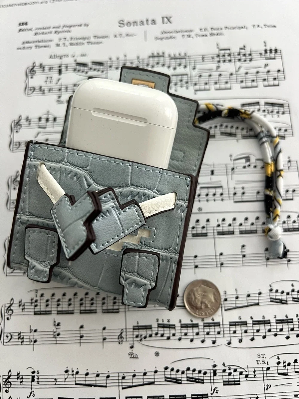 Mini Light Blue Handbag-Shaped AirPods Case Holder with Strap & Keychain